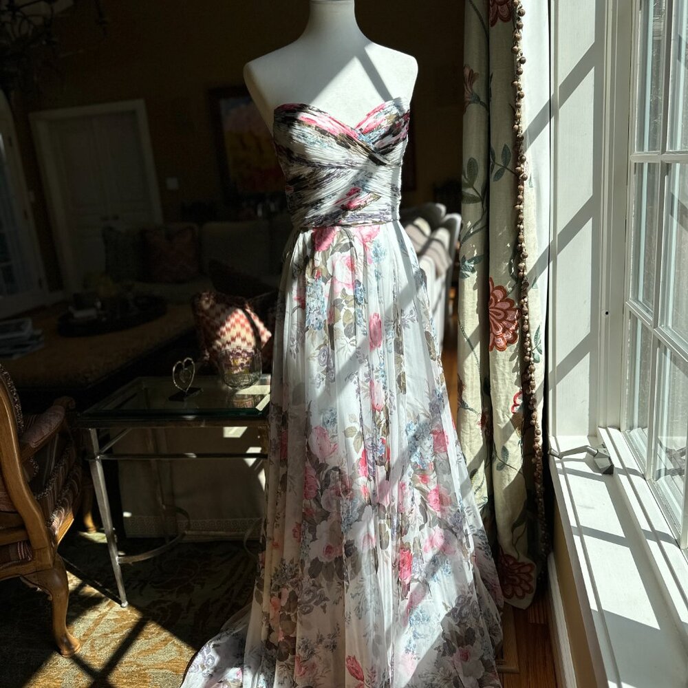 Sherri Hill Strapless Floral Chiffon Gown - Ruched Bodice & High Slit - Size 4 - Picture 11 of 11